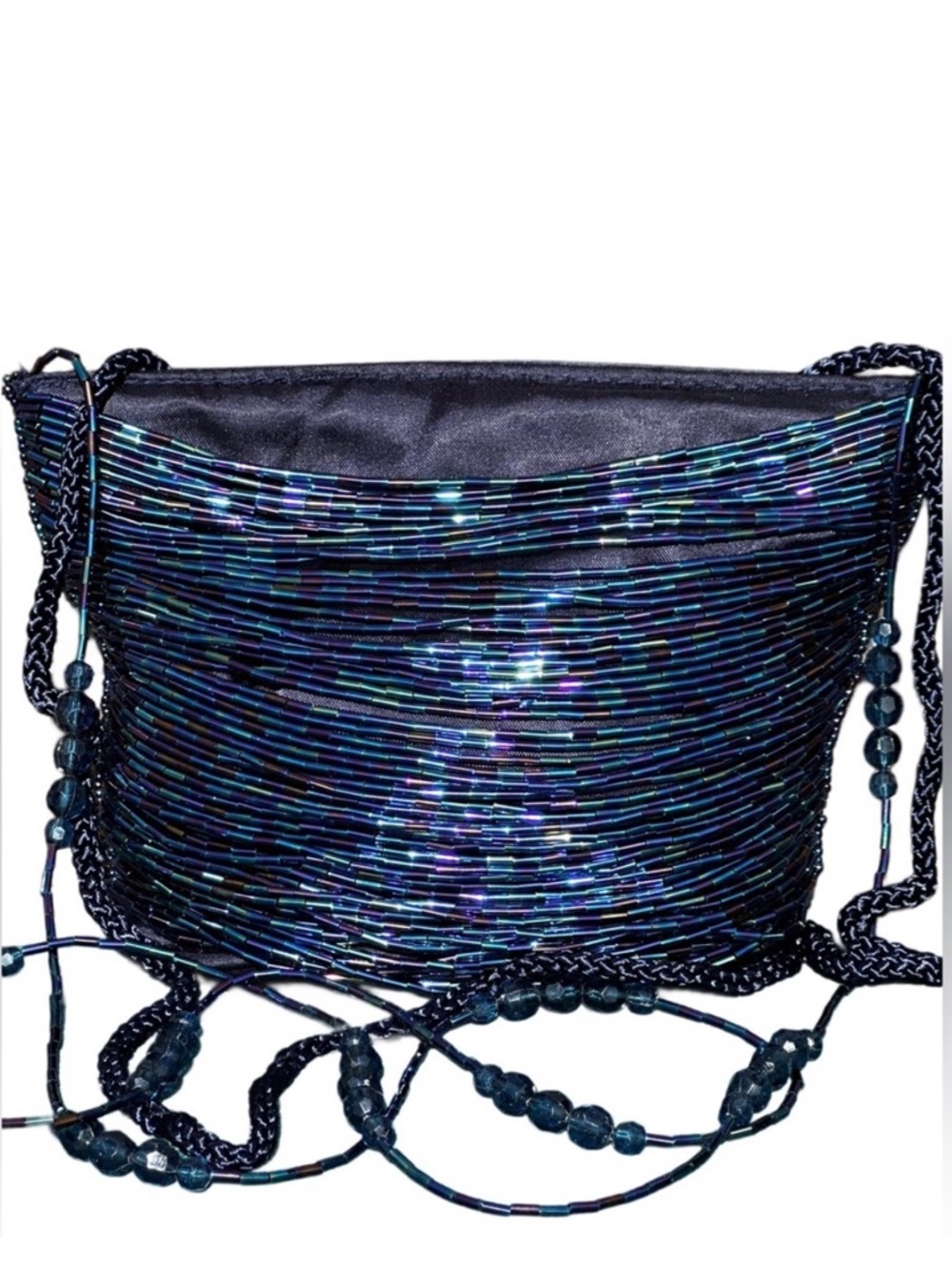 90’s SASHA BEADED Iridescent Navy Shoulder Bag Braided Strap New never used